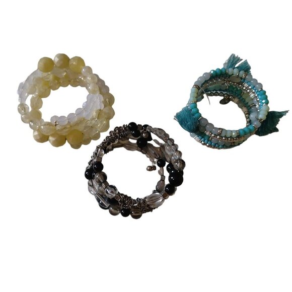 Acrylic Bead Multi Strand Memory Wire Bracelet Lot Of 3 Blue/Clear/Black - Picture 1 of 8